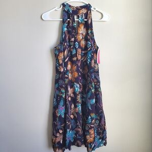 NWT Xhilaration Size M Navy Blue Orange Teal Floral Flowy High Neck Lined Dress